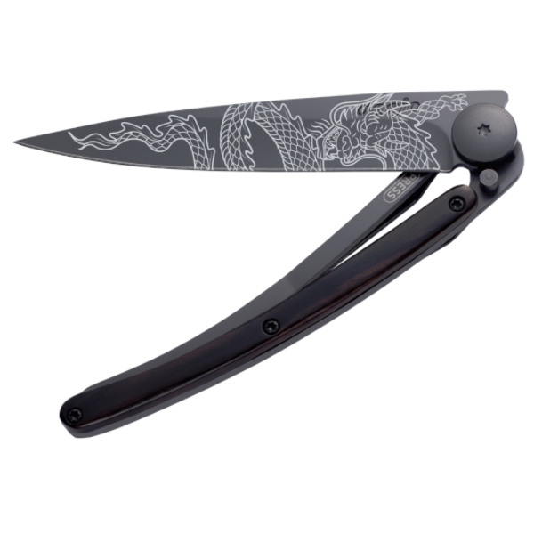 Load image into Gallery viewer, DEEJO KNIFE | Granadilla Wood BLACK 37g - Japanese Dragon Half Closed