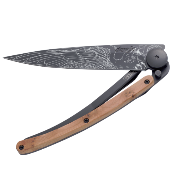 Load image into Gallery viewer, DEEJO KNIFE | Juniper Wood 37g BLACK - Eagle Half Opened