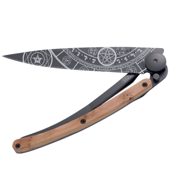 Load image into Gallery viewer, DEEJO KNIFE | Juniper Wood 37g BLACK - Esoteric  Half Opened