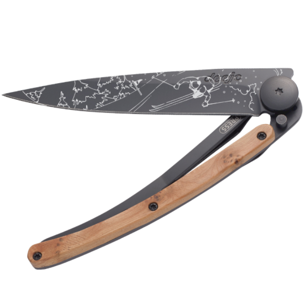 Load image into Gallery viewer, DEEJO KNIFE | Juniper Wood 37g BLACK - Ski Half Closed