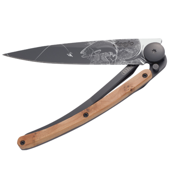 DEEJO KNIFE | Juniper Wood 37g BLACK - Trout Half Opened