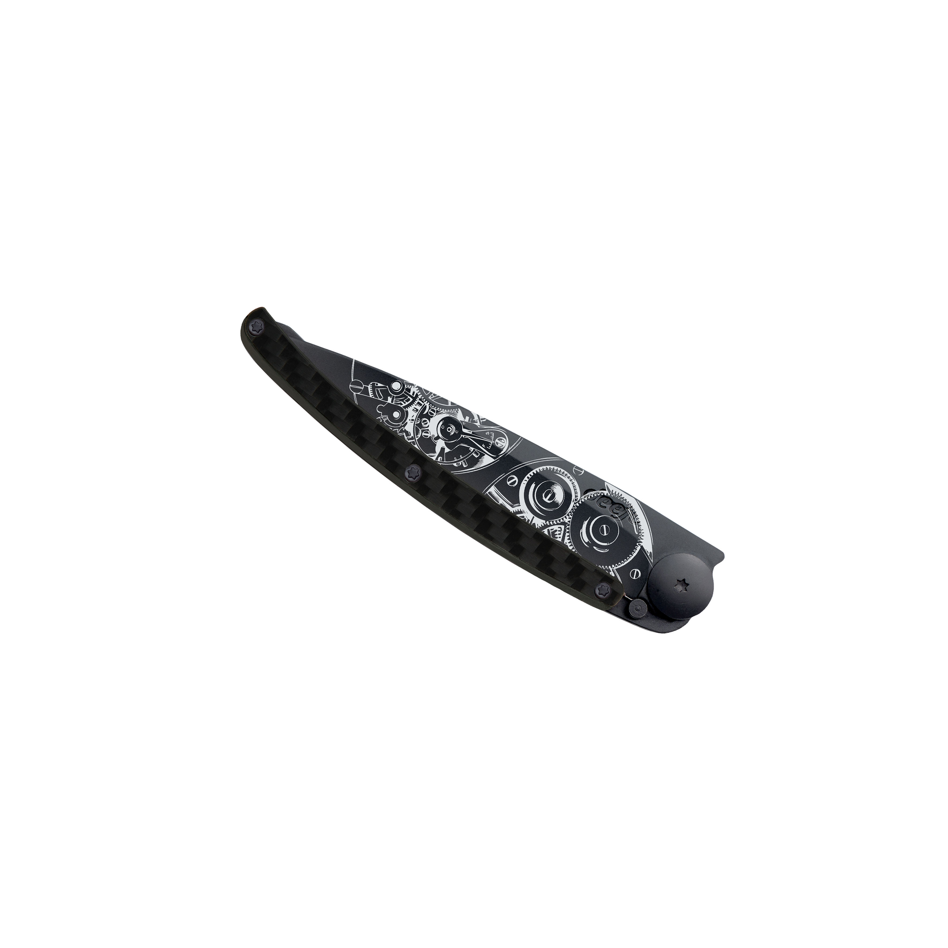DEEJO KNIFE | Carbon fibre BLACK 37g - Watch Movement angled view
