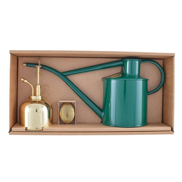 HAWS Classic Plant Watering Set - Green 1 Litre Watering Can & Brass Mister