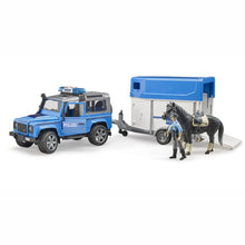 Load image into Gallery viewer, BRUDER Land Rover Defender Police vehicle w/horse trailer +mounted police officer 1:16
