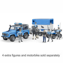 Load image into Gallery viewer, BRUDER Land Rover Defender Police vehicle w/horse trailer +mounted police officer 1:16
