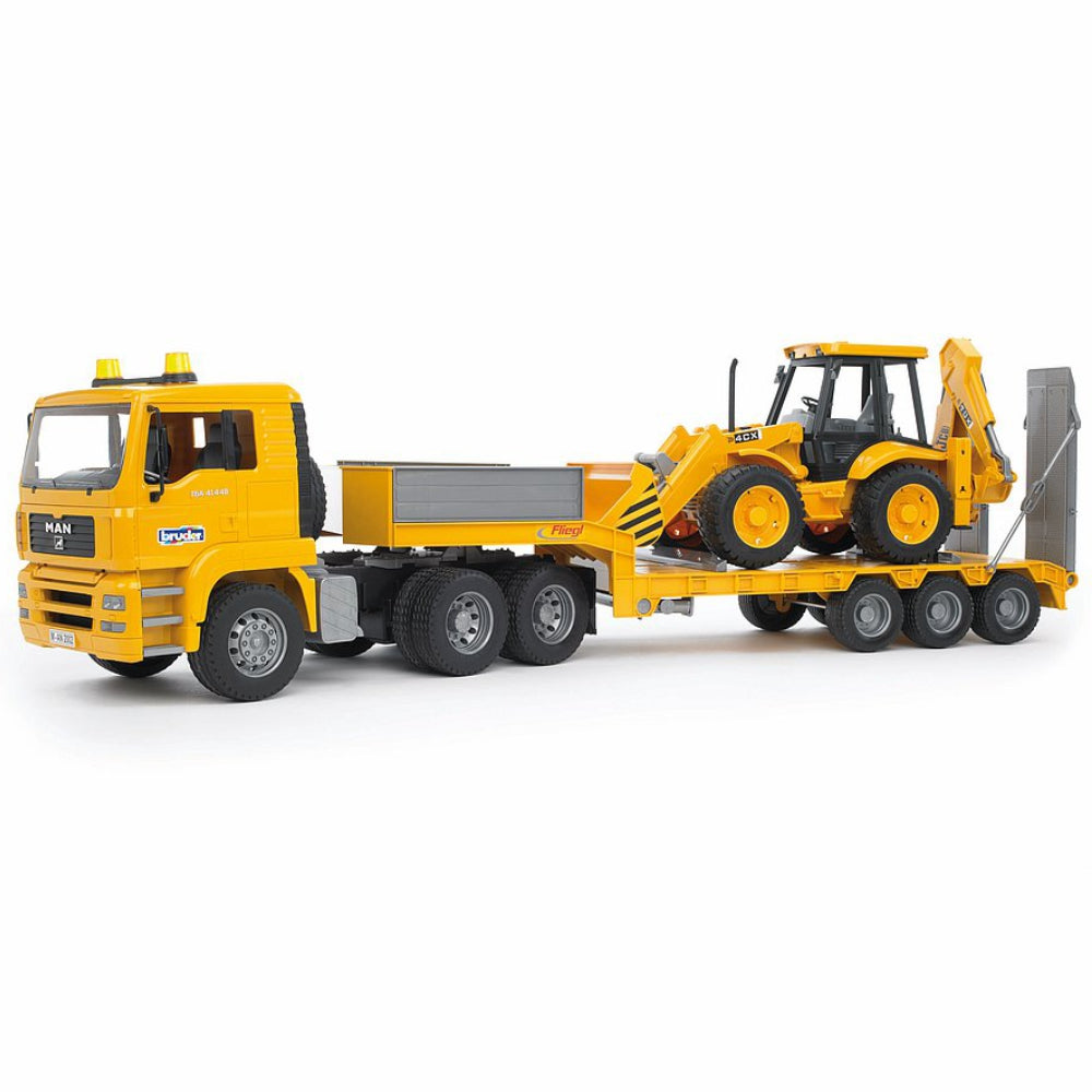 Load image into Gallery viewer, BRUDER MAN TGA Low loader truck with JCB Backhoe loader 1:16