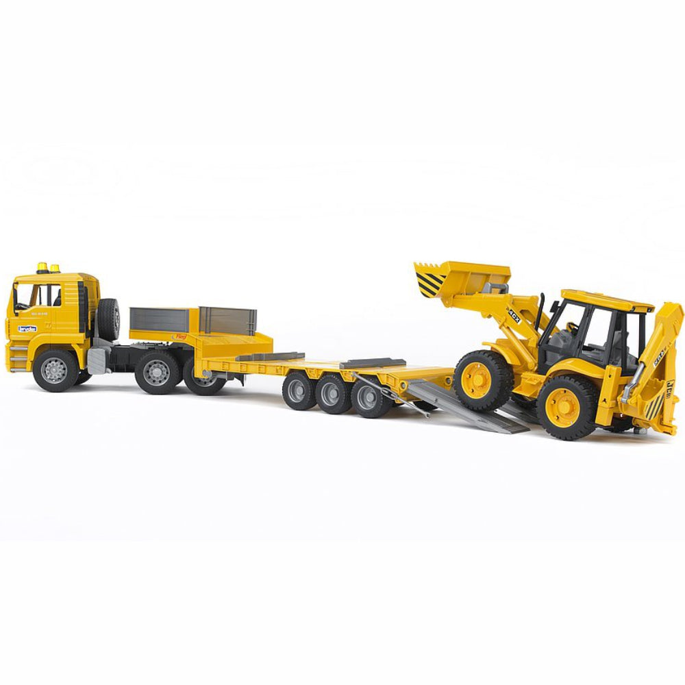 Load image into Gallery viewer, BRUDER MAN TGA Low loader truck with JCB Backhoe loader 1:16