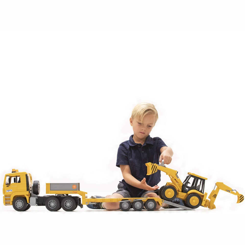 Load image into Gallery viewer, BRUDER MAN TGA Low loader truck with JCB Backhoe loader 1:16