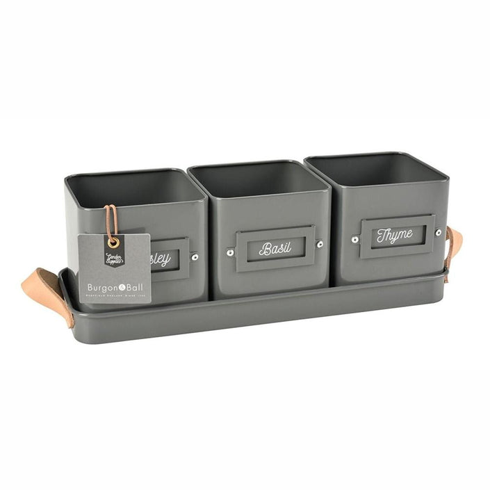 BURGON & BALL Herb Pots with Leather Handled Tray - Charcoal
