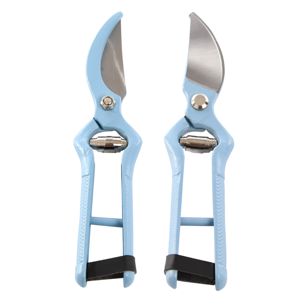 A pair of dusty blue pruner secateurs with carbon steel blades and ergonomic handles.