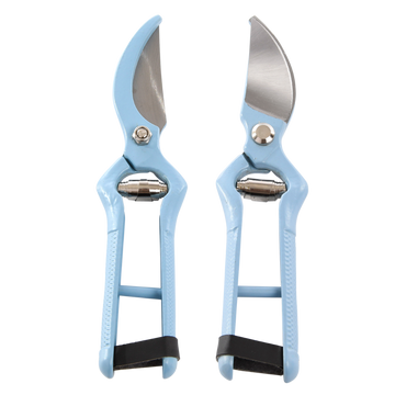 A pair of dusty blue pruner secateurs with carbon steel blades and ergonomic handles.