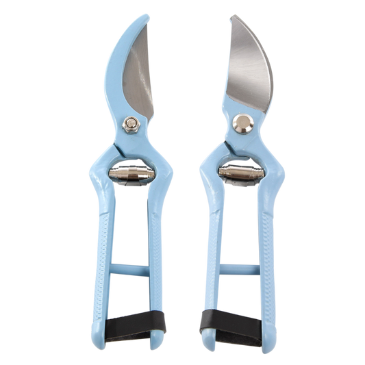 A pair of dusty blue pruner secateurs with carbon steel blades and ergonomic handles.