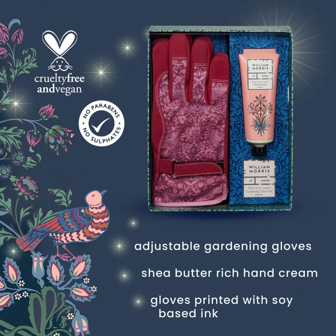 Load image into Gallery viewer, HEATHCOTE &amp; IVORY x MORRIS &amp; CO Dove &amp; Rose Gardening Gloves with White Iris &amp; Amber Hand Cream