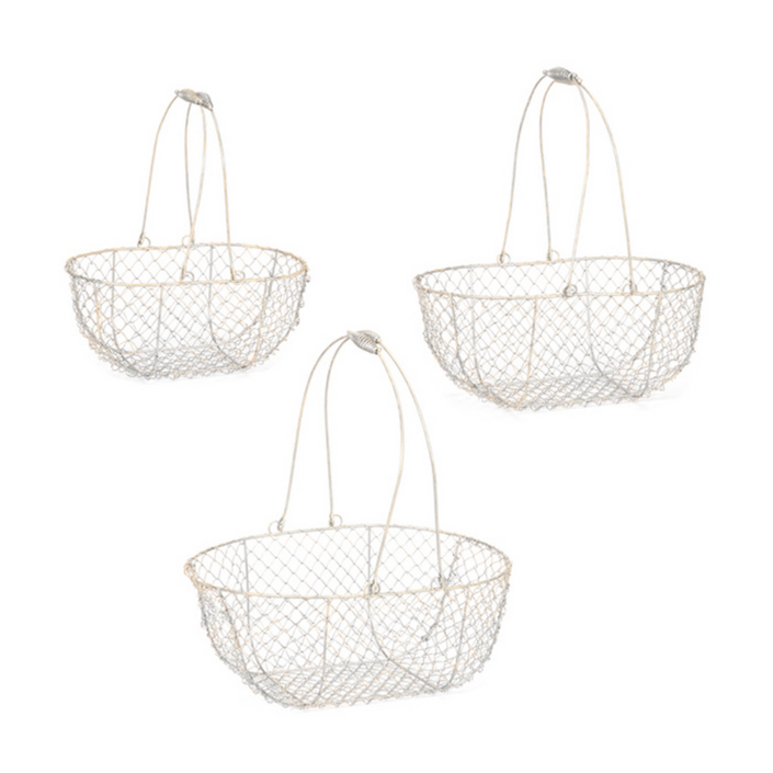 MARTHA'S VINEYARD Rounded French Style Wire Harvesting Basket Trug - Set of 3 Small, Medium, Large (Silver)