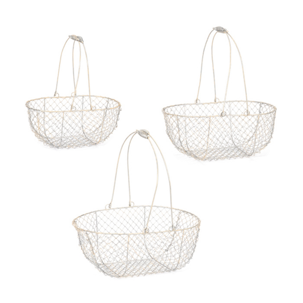 Load image into Gallery viewer, MARTHA&#39;S VINEYARD Rounded French Style Wire Harvesting Basket Trug - Set of 3 Small, Medium, Large (Silver)