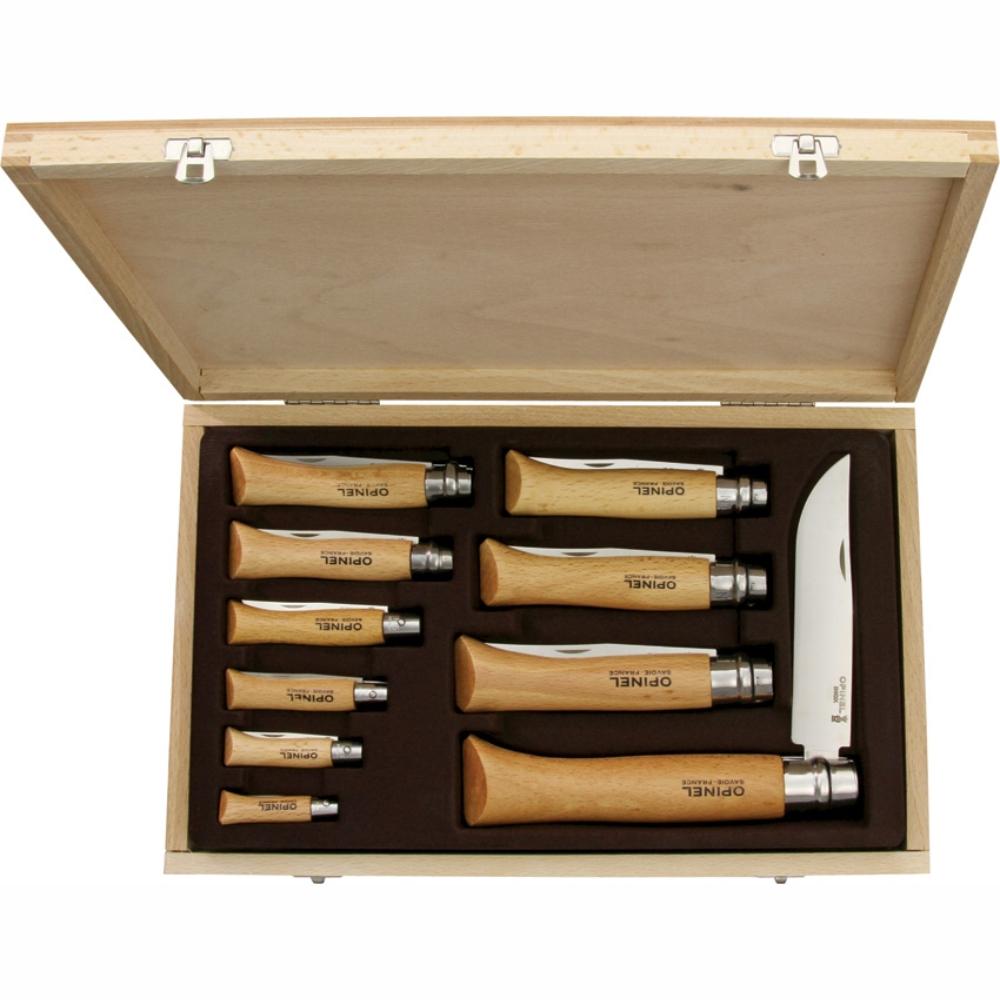 Load image into Gallery viewer, OPINEL Ten Piece Folding Knife Set - Stainless Steel / Beech OP01311