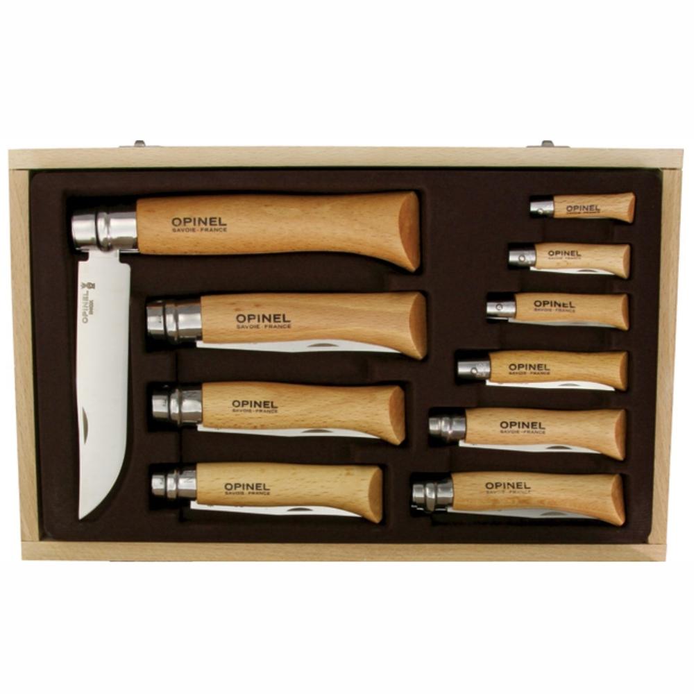 Load image into Gallery viewer, OPINEL Ten Piece Folding Knife Set - Stainless Steel / Beech OP01311