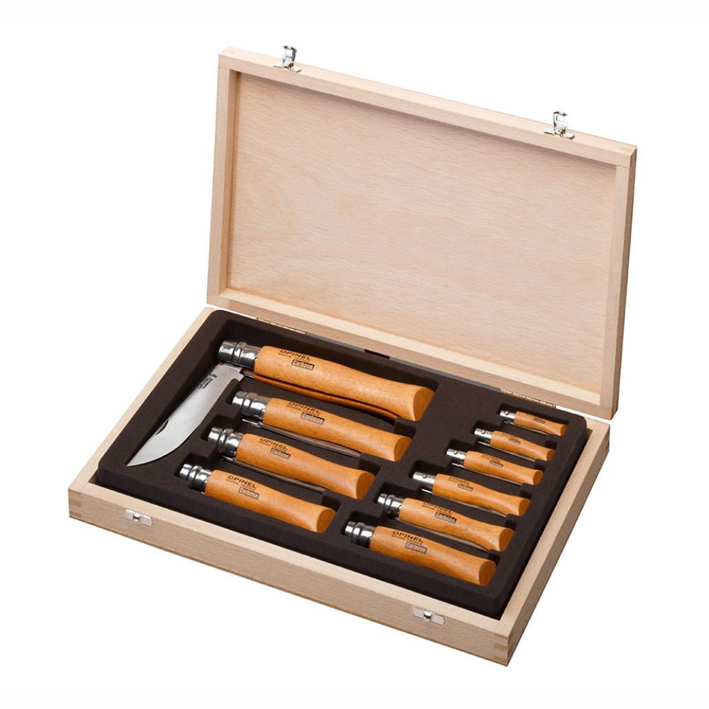 Load image into Gallery viewer, OPINEL Ten Piece Folding Knife Set - Stainless Steel / Beech OP01311