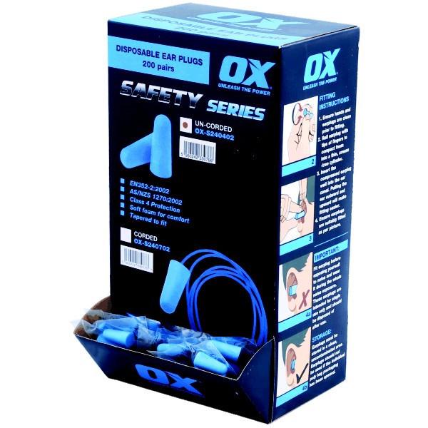 OX Corded Disposable Earplugs, Dispenser of 200PCS