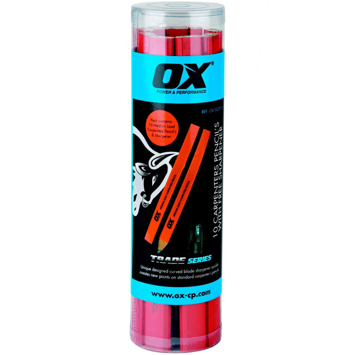 OX Trade Carpenter's Pencil - 10 pack with FREE Sharpener - Red/Medium